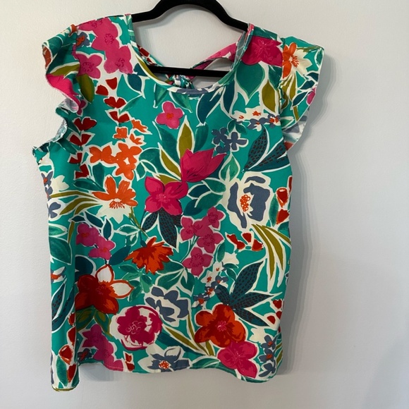 Women’s Boutique Green and Pink Short Flutter Sleeve Tie Neck Blouse Sz XL GUC - Picture 3 of 7